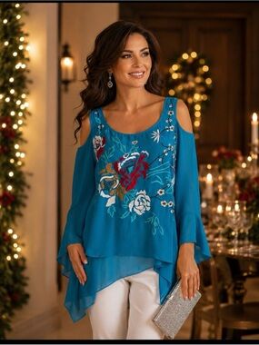 Tunique brand turquoise layered embroidered top